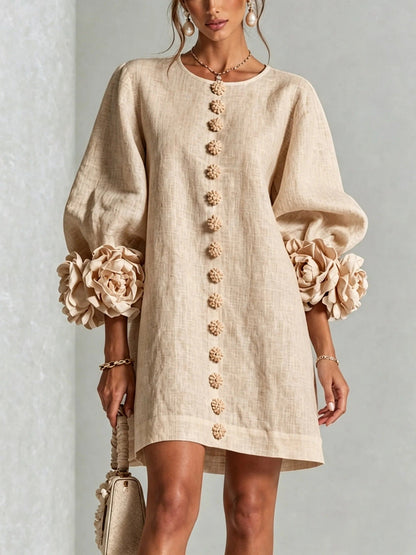 🤲LAST DAY SAVE 49% ⏰3D Floral Cuff Midi Dress – Relaxed A-Line Button Front