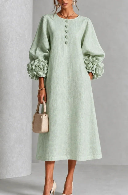 🤲LAST DAY SAVE 49% ⏰Chic Chambray Denim 3D Rosette Sleeve Midi Dress