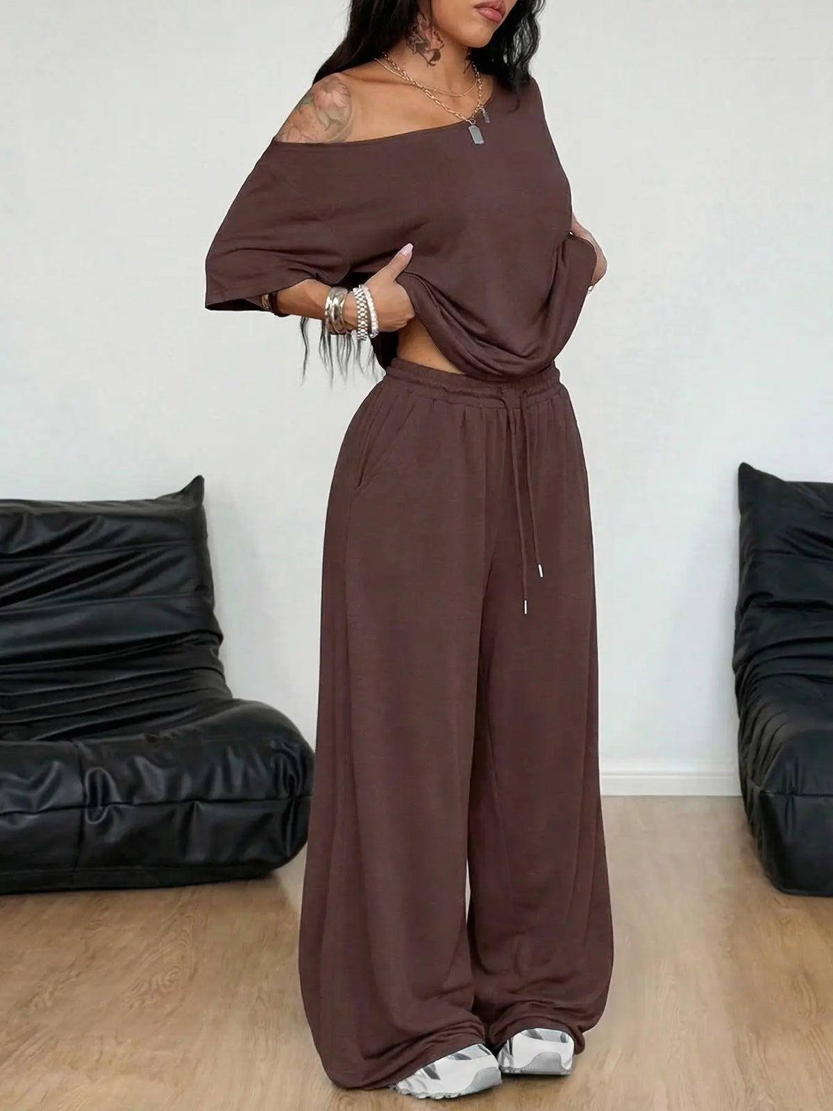 🌷Special Price-7 pack-Women’s Off-Shoulder T-Shirt and Wide Leg Pants Set