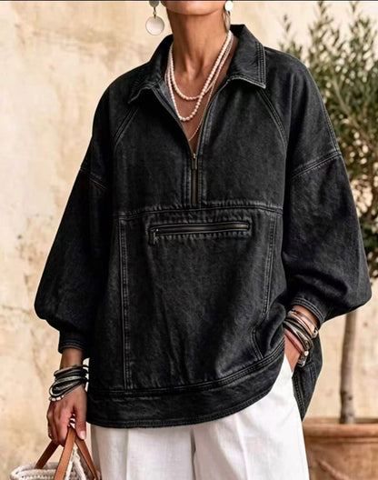 🤲LAST DAY SAVE 49% ⏰Half Zip Collared Lantern Sleeve Denim Jacket