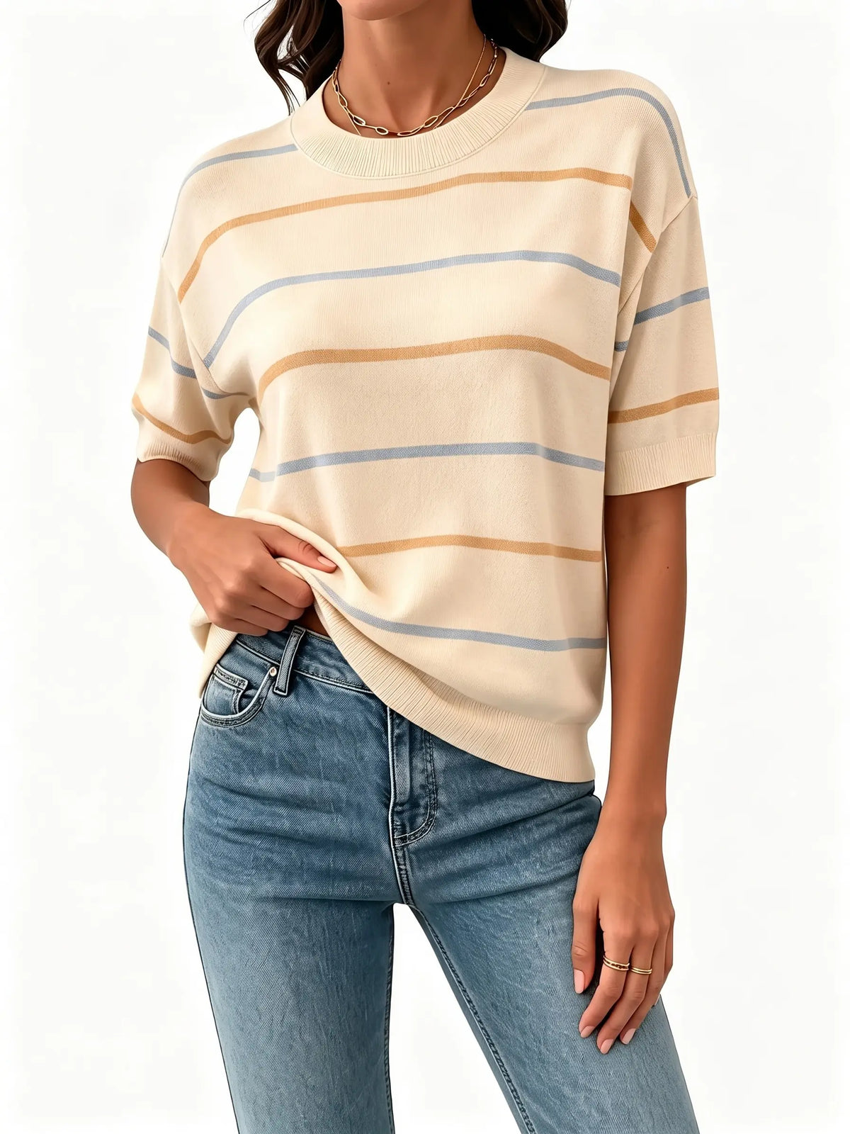 Women's Striped Knit Short Sleeve Pullover