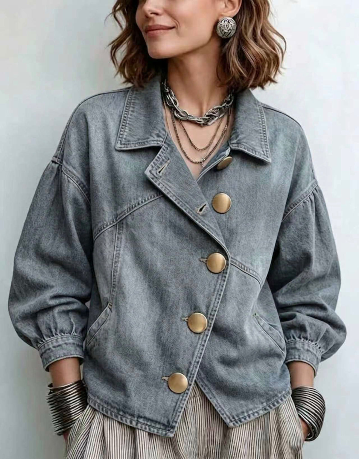 🤲LAST DAY SAVE 49% ⏰Asymmetrical Slant Gold Button Lantern Sleeve Denim Jacket