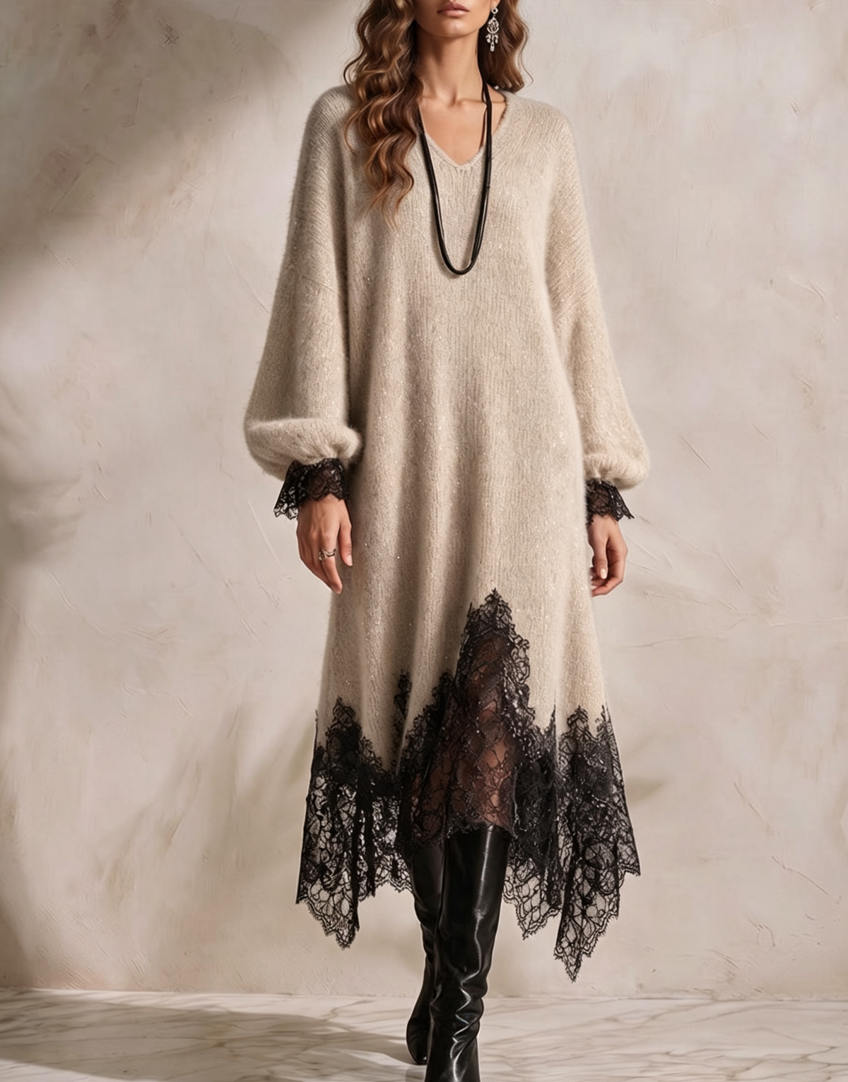 🤲LAST DAY SAVE 49% ⏰Women's V-neck Long-sleeve Casual Loose-fit Knit Dress With Lace Paneling And Subtle Shimmer