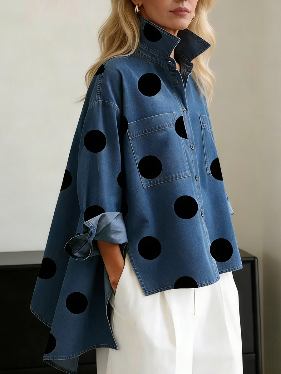 🤲LAST DAY SAVE 49% ⏰Elegant Artistic Polka Dot Print Stand-collar Denim Top
