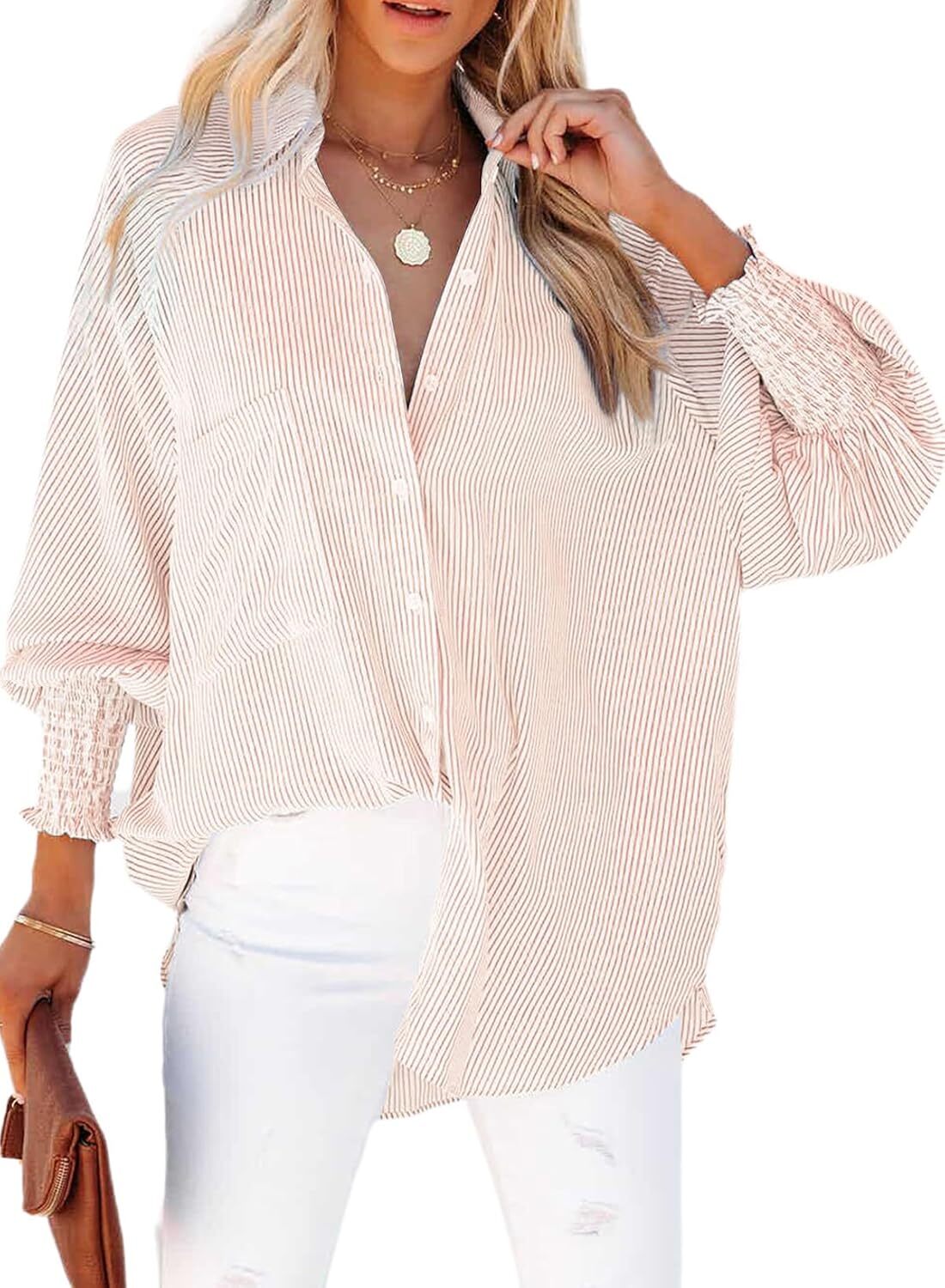 🤲🔥2026 Clearance Item🔥Women's pleated cuffs striped shirt with pockets and casual collar