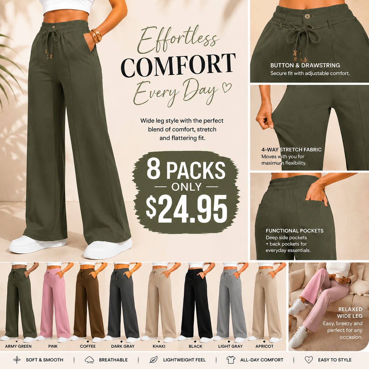 🤲⚡New Summer Drawstring High Waist Wide Leg Pants