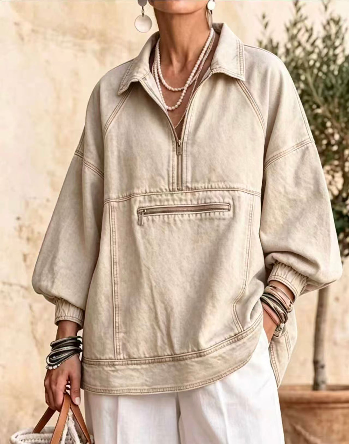 🤲LAST DAY SAVE 49% ⏰Half Zip Collared Lantern Sleeve Denim Jacket