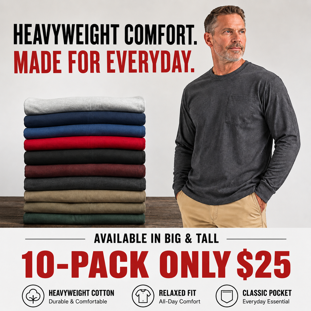 🤲Men's Heavyweight Long-Sleeve Pocket T-Shirt – Relaxed Fit Everyday Casual Tee | Big & Tall Available