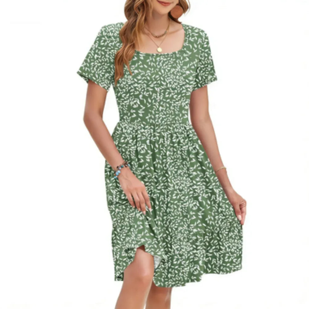 🤲Women Square Neck Ditsy Floral Dress, Ruffle Empire Waist A-Line Sundress With Pockets