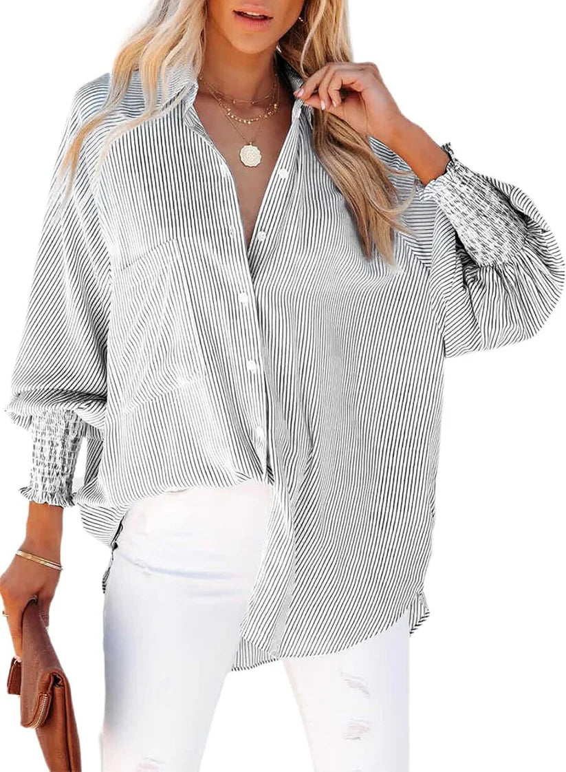 🤲🔥2026 Clearance Item🔥Women's pleated cuffs striped shirt with pockets and casual collar