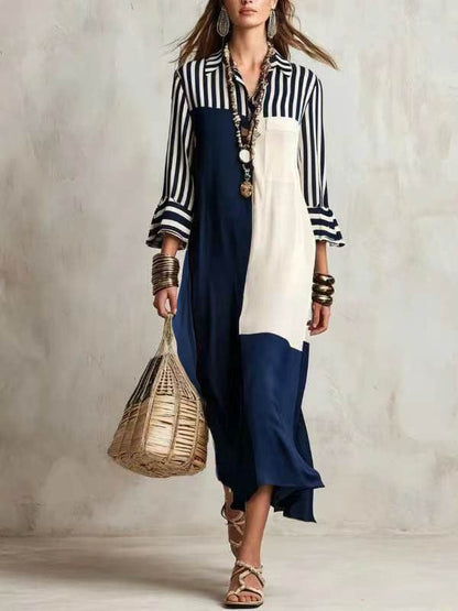 🌷Women's Striped Color Block Midi Shirt Dress, Contrast Patchwork Bell Sleeve Shirt Midi Dress
