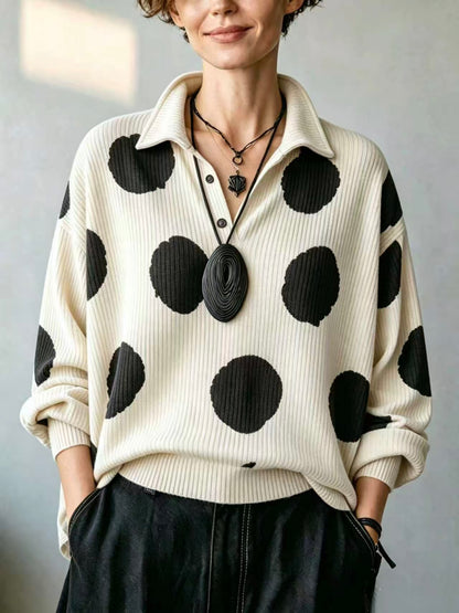 🤲LAST DAY SAVE 49% ⏰Cozy Oversized Polka Dot Lapel Collar Knit Top