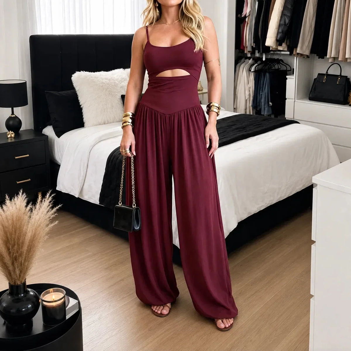 🌷 Sleeveless Cutout Wide Leg Jumpsuit with Adjustable Back Tie