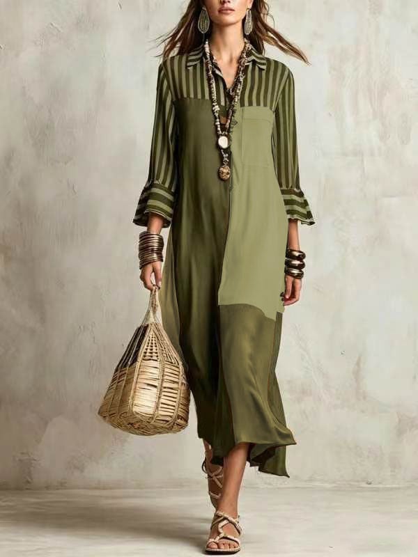 🌷Women's Striped Color Block Midi Shirt Dress, Contrast Patchwork Bell Sleeve Shirt Midi Dress