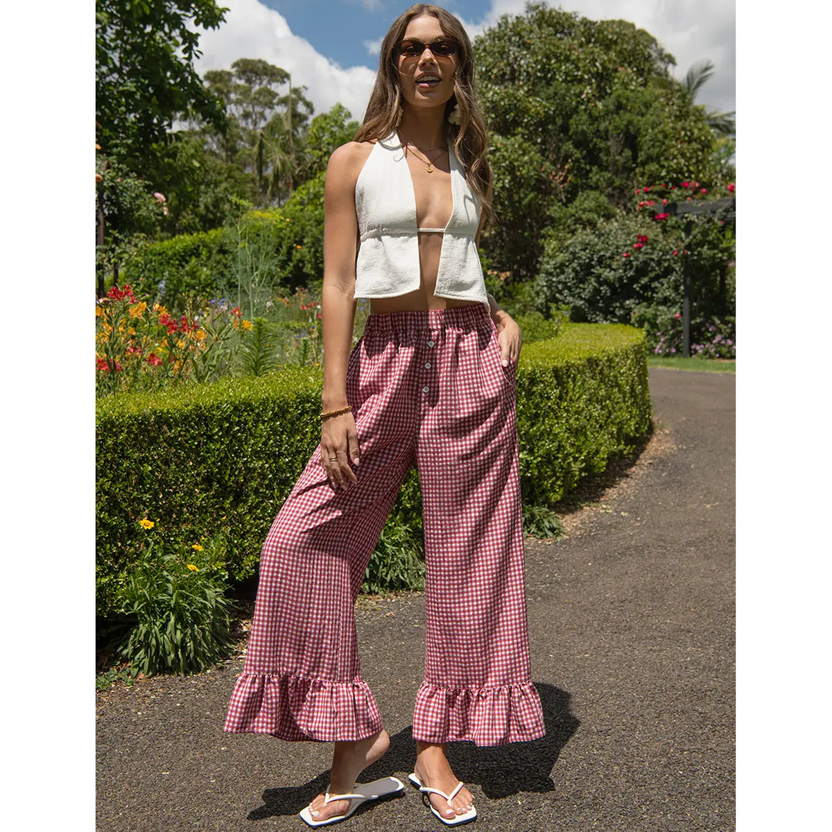 🌷Special Price Today⚡TARSE Gingham Ruffle Wide Leg Pants for Women