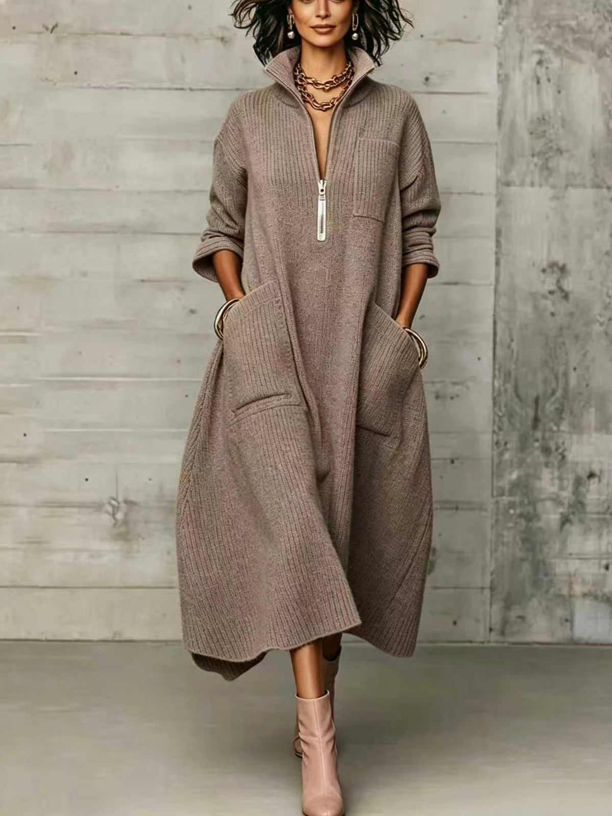 🤲LAST DAY SAVE 49% ⏰Elegant Quarter-zip High Collar Oversized Knit Midi Dress