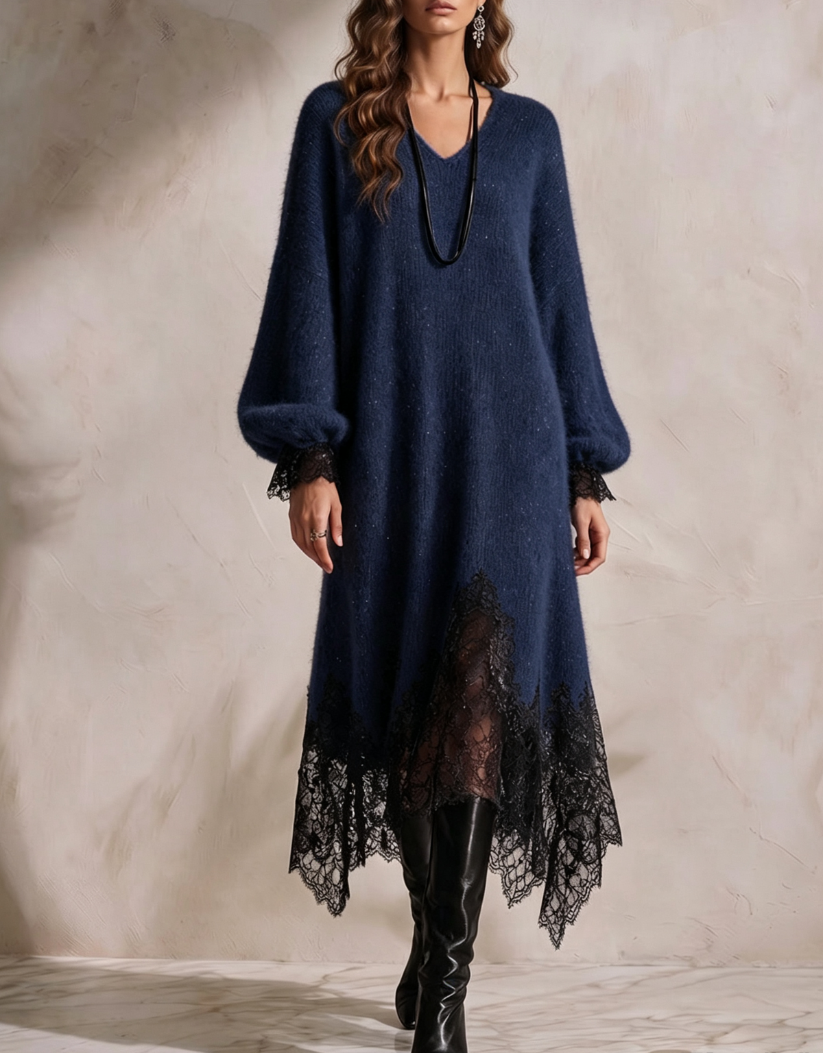 🤲LAST DAY SAVE 49% ⏰Women's V-neck Long-sleeve Casual Loose-fit Knit Dress With Lace Paneling And Subtle Shimmer