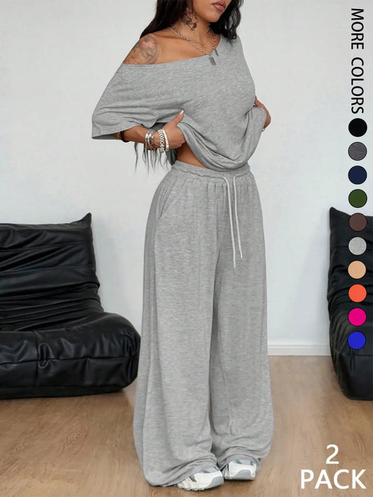 🌷Special Price-7 pack-Women’s Off-Shoulder T-Shirt and Wide Leg Pants Set
