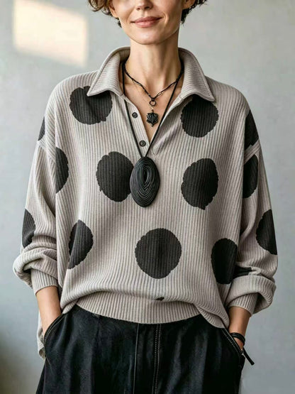 🤲LAST DAY SAVE 49% ⏰Cozy Oversized Polka Dot Lapel Collar Knit Top