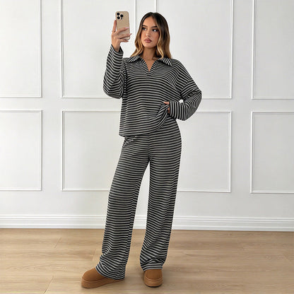 💚Long-sleeve collared striped casual wide-leg pant set