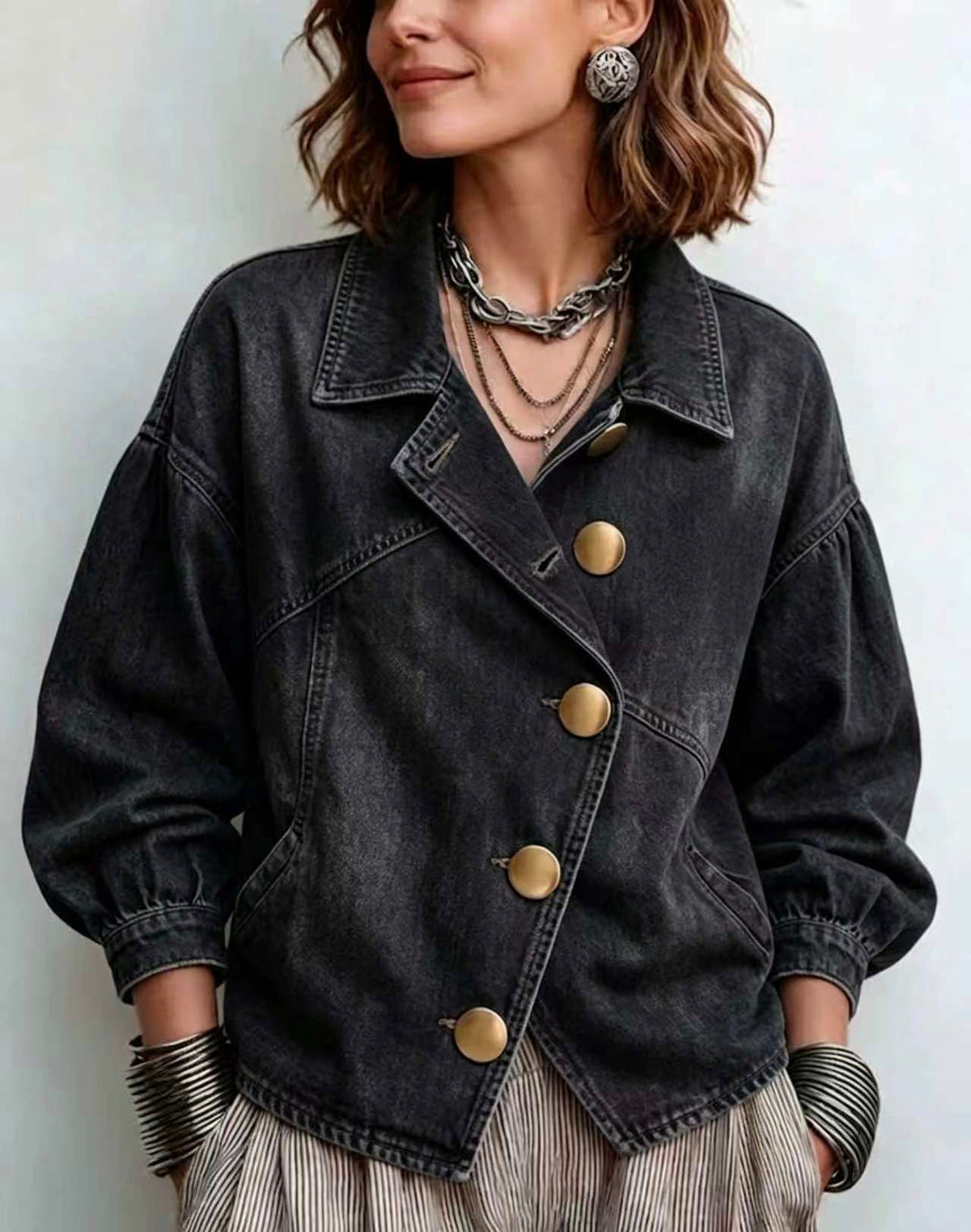 🤲LAST DAY SAVE 49% ⏰Asymmetrical Slant Gold Button Lantern Sleeve Denim Jacket