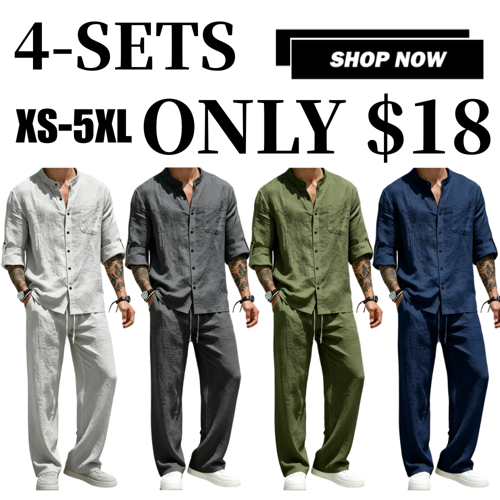 💚Men's Linen Stand Collar Long Sleeve Button Shirt & Straight Leg Belted Pants Set