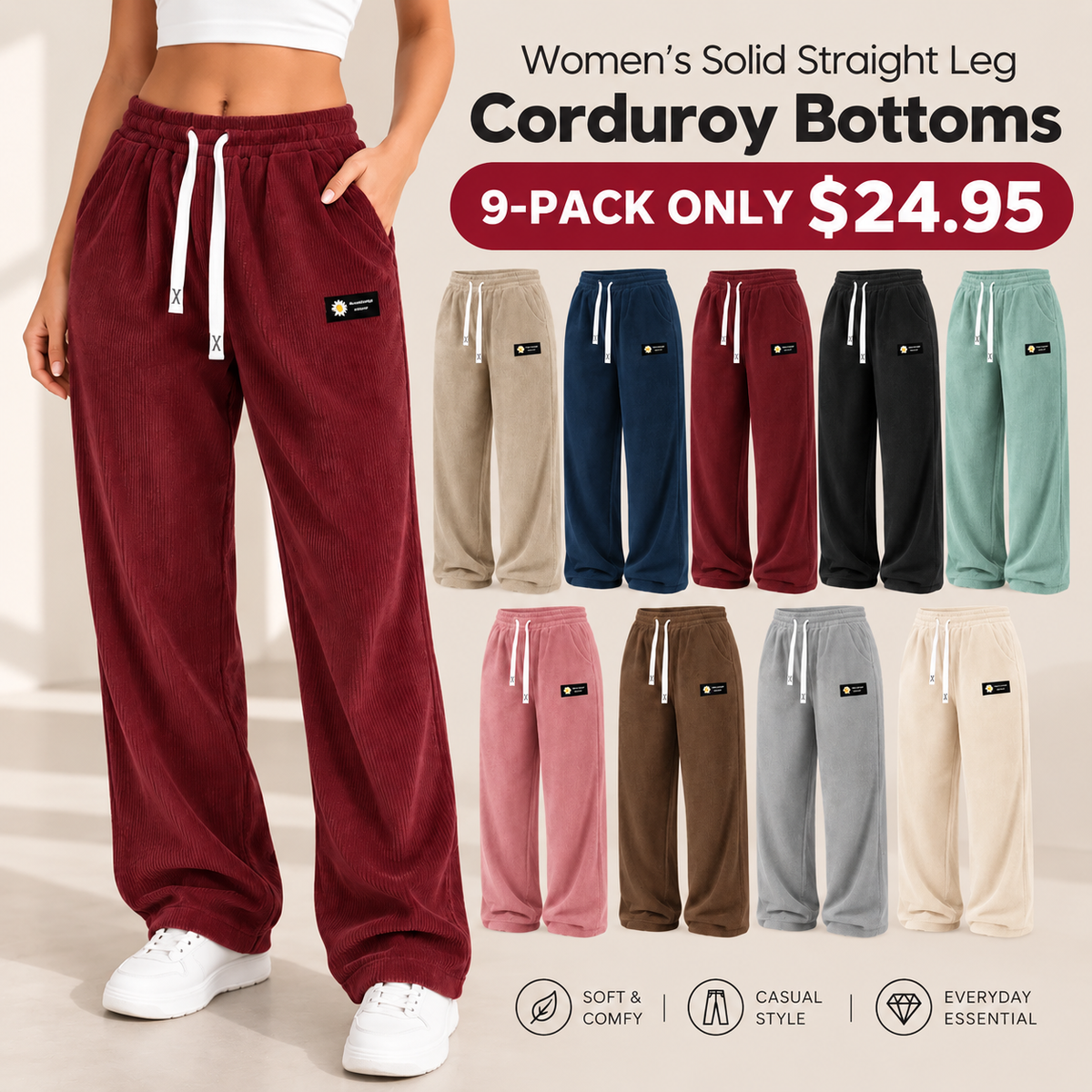 💚LAST DAY SALEWomen's Solid Straight Leg Corduroy Bottoms-100% Cotton