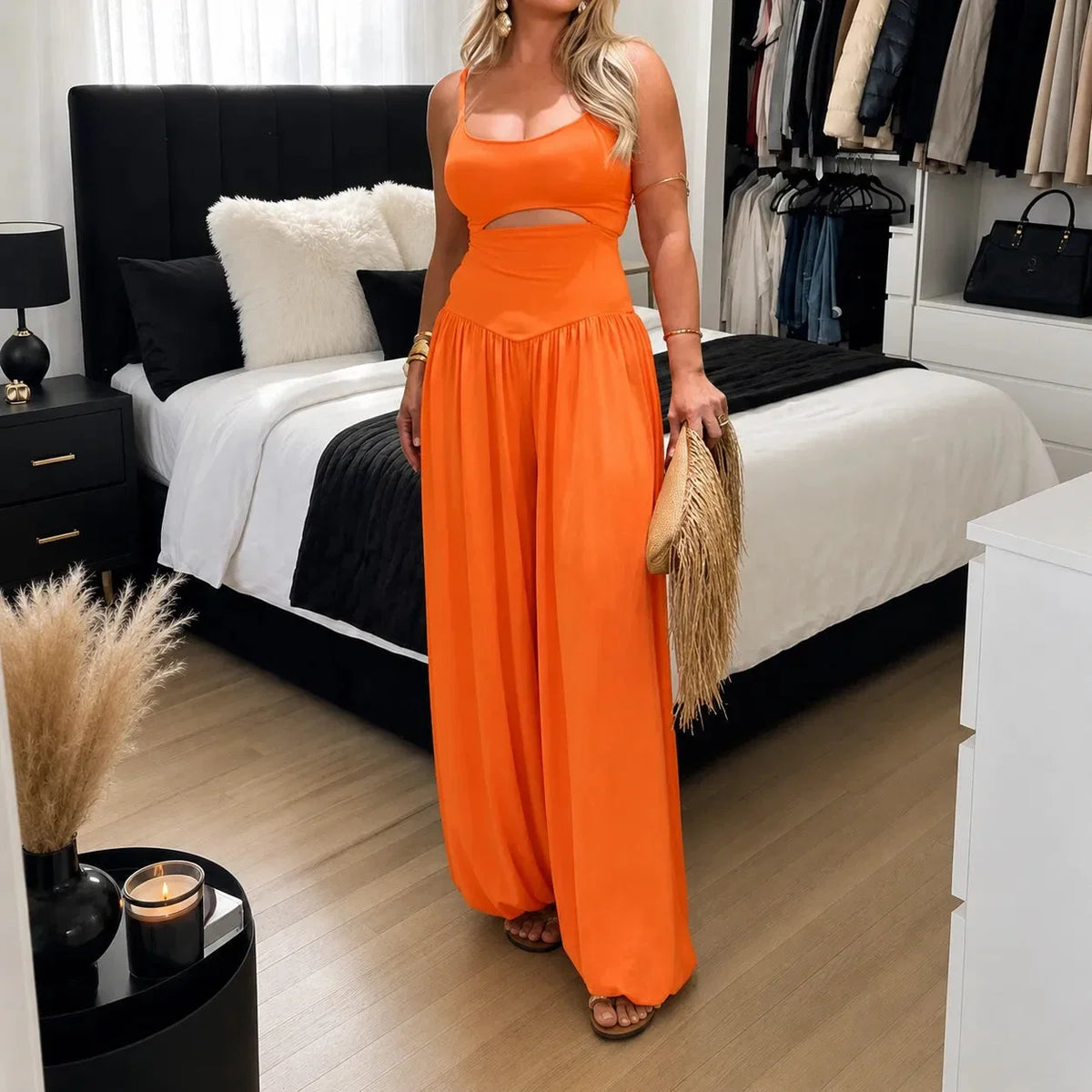 🌷 Sleeveless Cutout Wide Leg Jumpsuit with Adjustable Back Tie