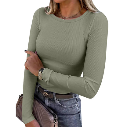 🤲Women's Ribbed Long Sleeve Crewneck Top – Slim Fit Basic Tee