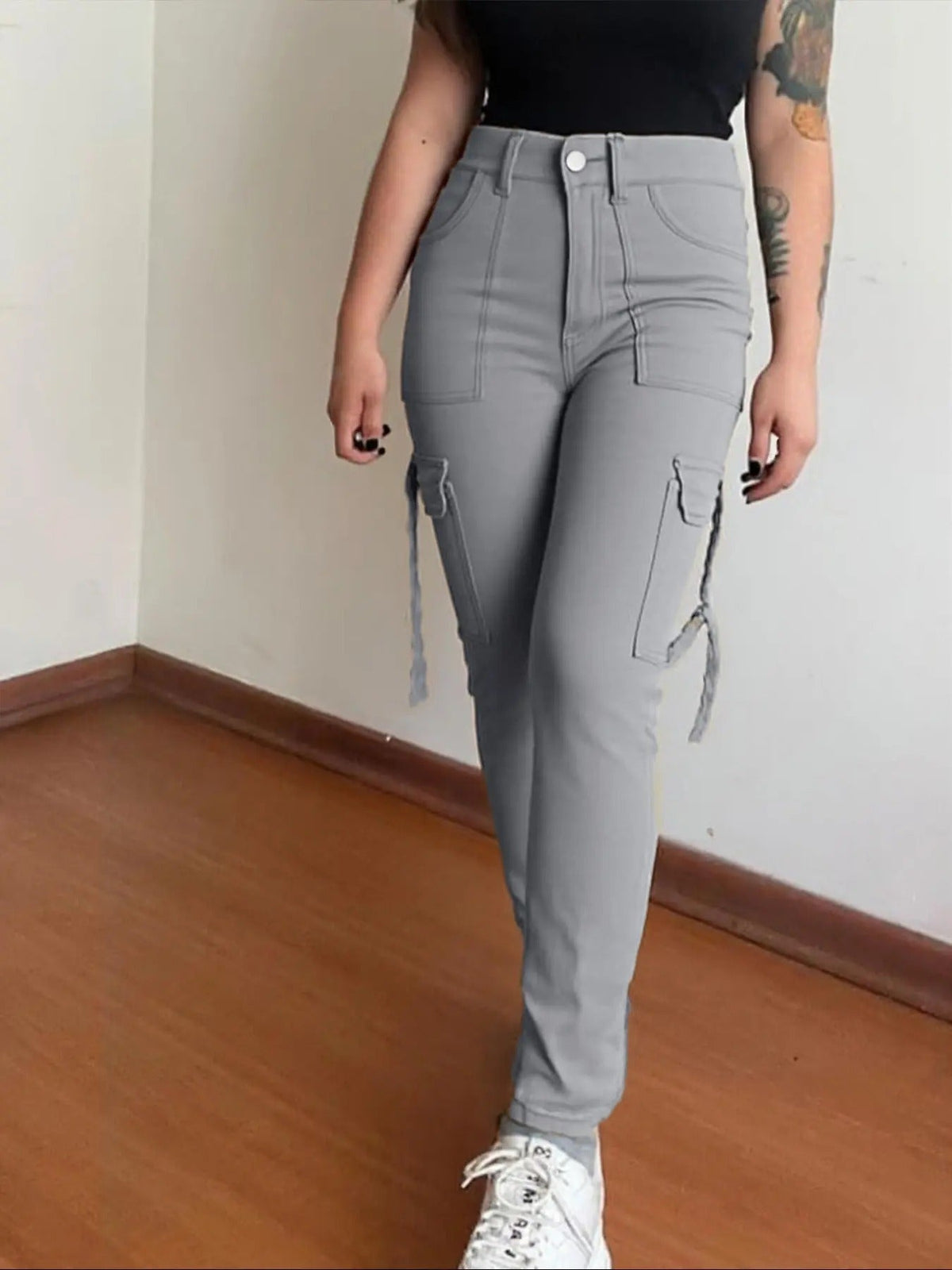 🤲🔥MID YEAR SALE🔥Women's Plain Multi-pocket Denim Elastic Slim Fit Button Cargo Denim Pants