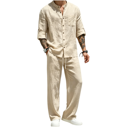 💚Men's Linen Stand Collar Long Sleeve Button Shirt & Straight Leg Belted Pants Set