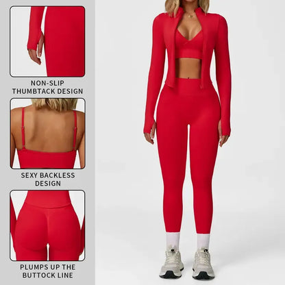 🤲Women's tank top, high-waisted leggings, and zip-up jacket 3-piece sportswear set.