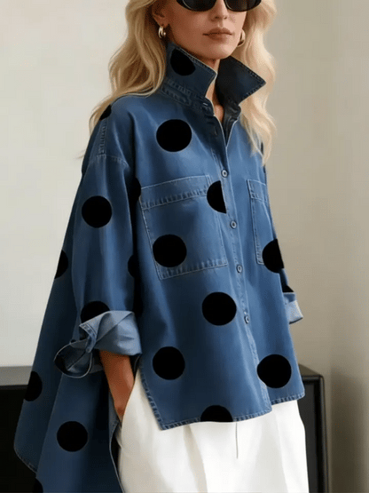 🤲LAST DAY SAVE 49% ⏰Elegant Artistic Polka Dot Print Stand-collar Denim Top