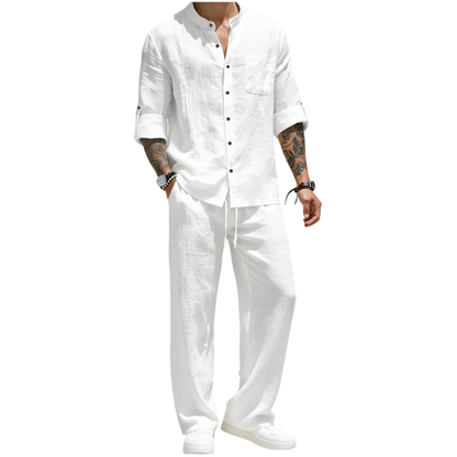 💚Men's Linen Stand Collar Long Sleeve Button Shirt & Straight Leg Belted Pants Set