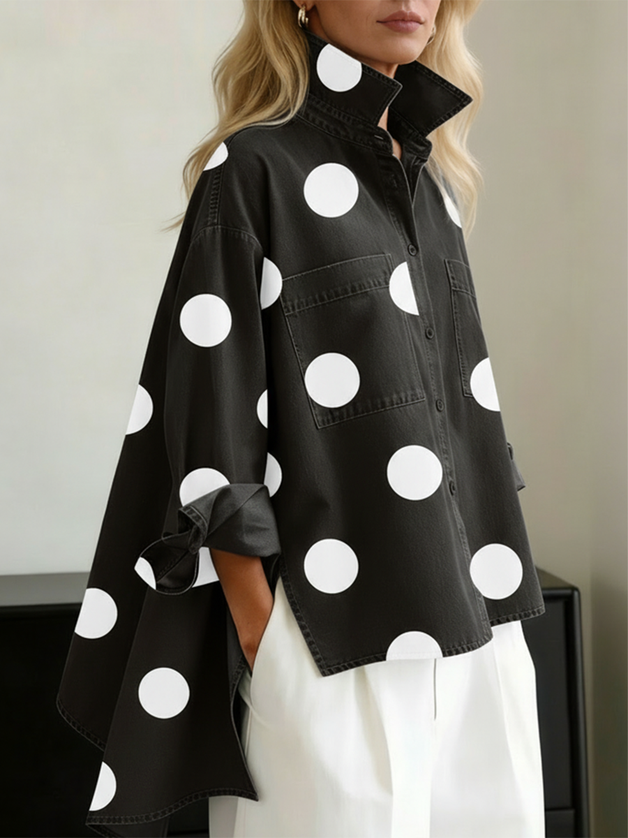 🤲LAST DAY SAVE 49% ⏰Elegant Artistic Polka Dot Print Stand-collar Denim Top