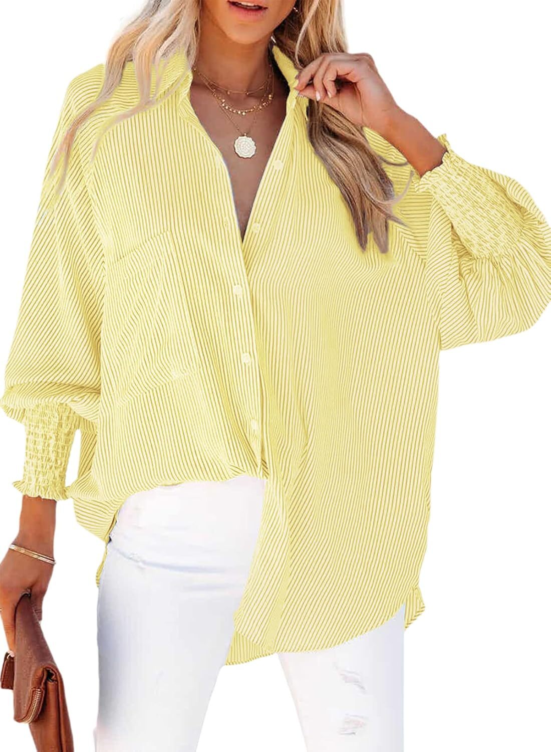 🤲🔥2026 Clearance Item🔥Women's pleated cuffs striped shirt with pockets and casual collar
