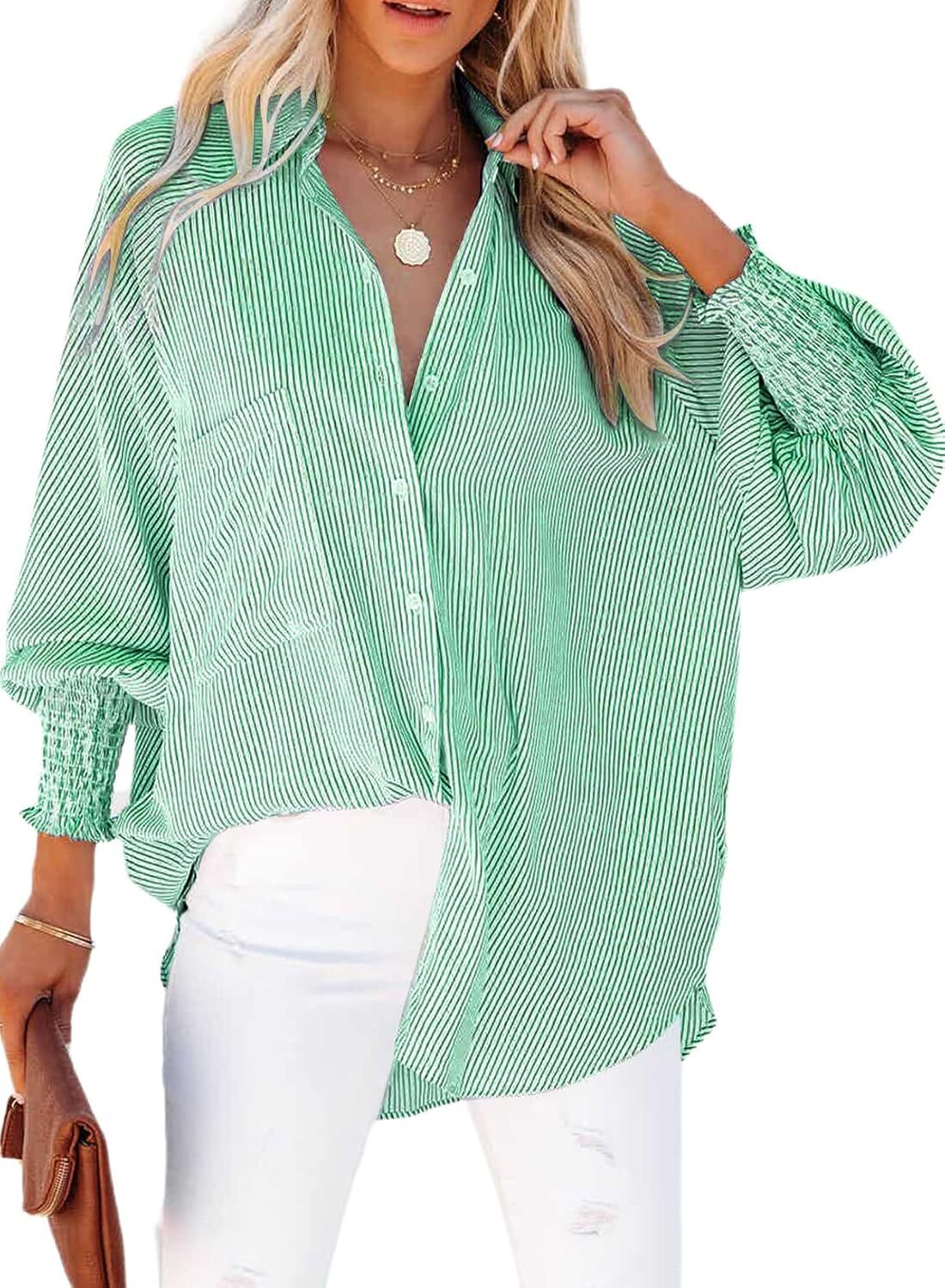 🤲🔥2026 Clearance Item🔥Women's pleated cuffs striped shirt with pockets and casual collar