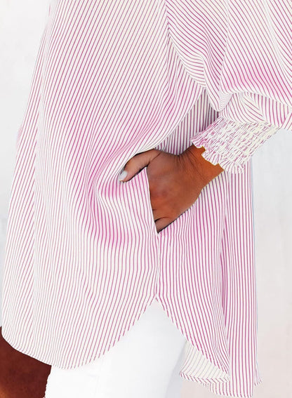 🤲🔥2026 Clearance Item🔥Women's pleated cuffs striped shirt with pockets and casual collar