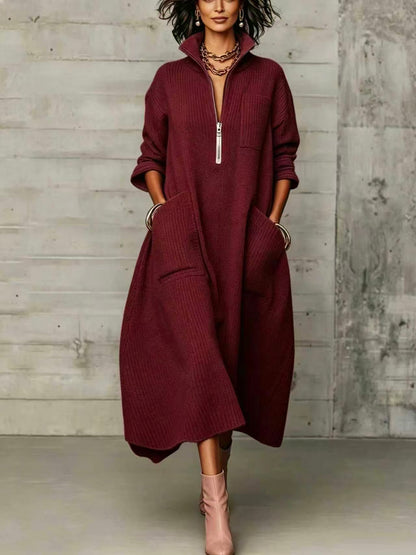 🤲LAST DAY SAVE 49% ⏰Elegant Quarter-zip High Collar Oversized Knit Midi Dress