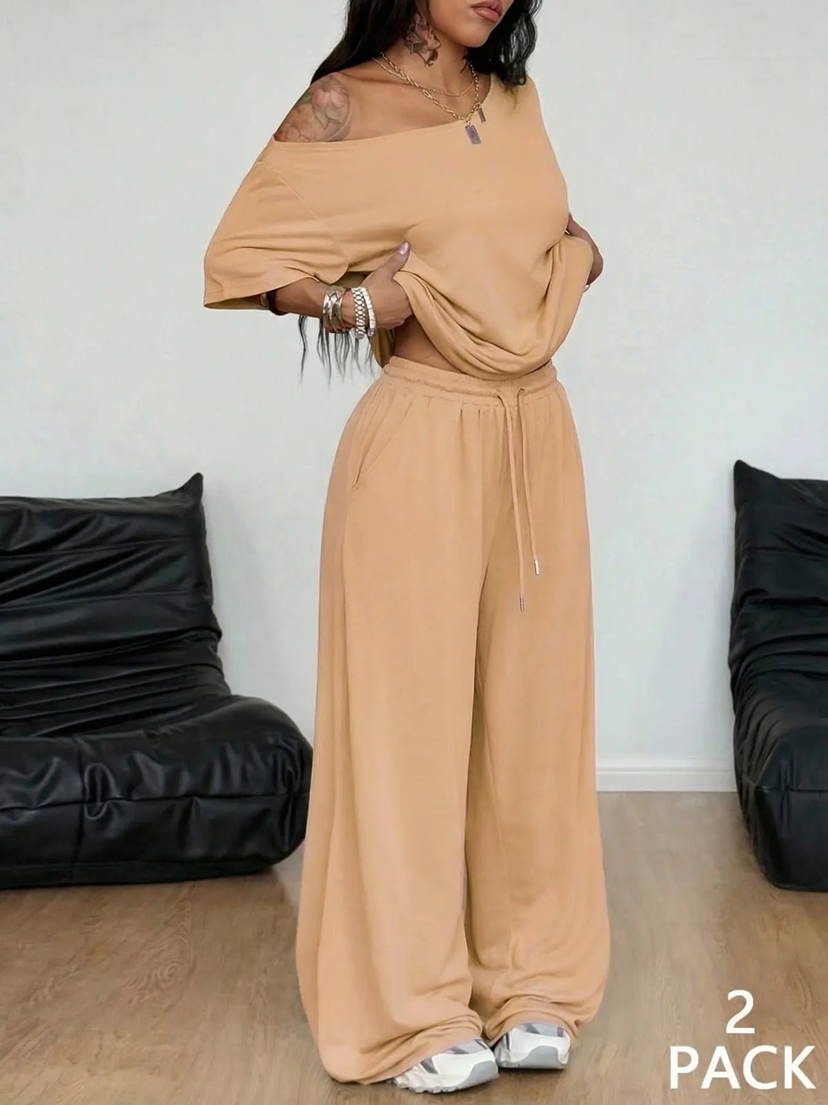 🌷Special Price-7 pack-Women’s Off-Shoulder T-Shirt and Wide Leg Pants Set