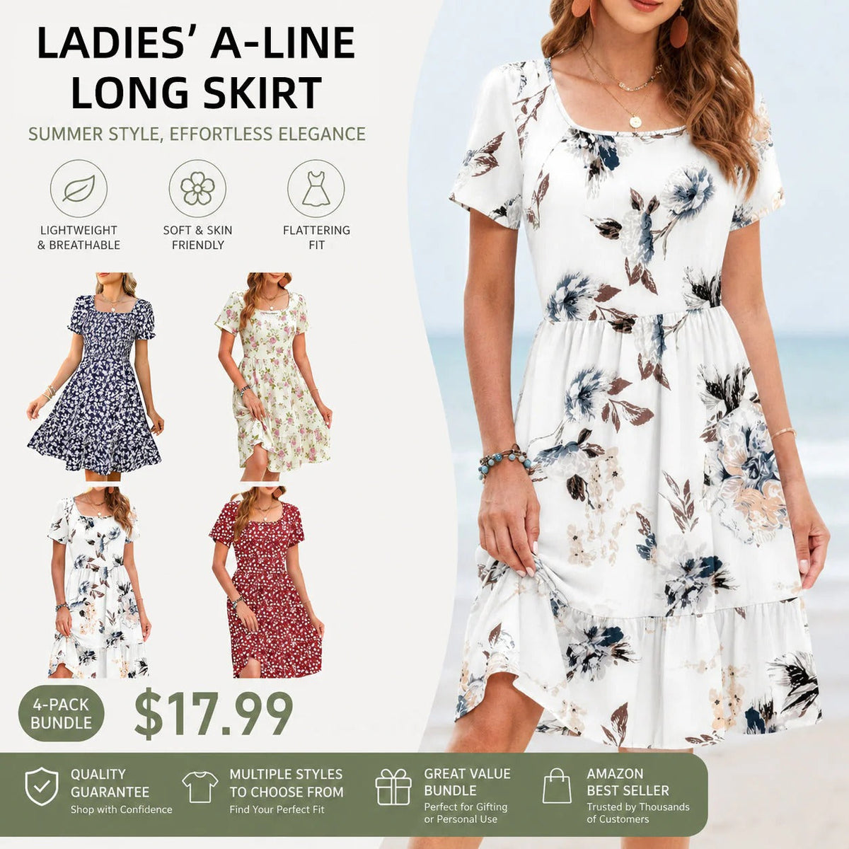 🤲Women Square Neck Ditsy Floral Dress, Ruffle Empire Waist A-Line Sundress With Pockets