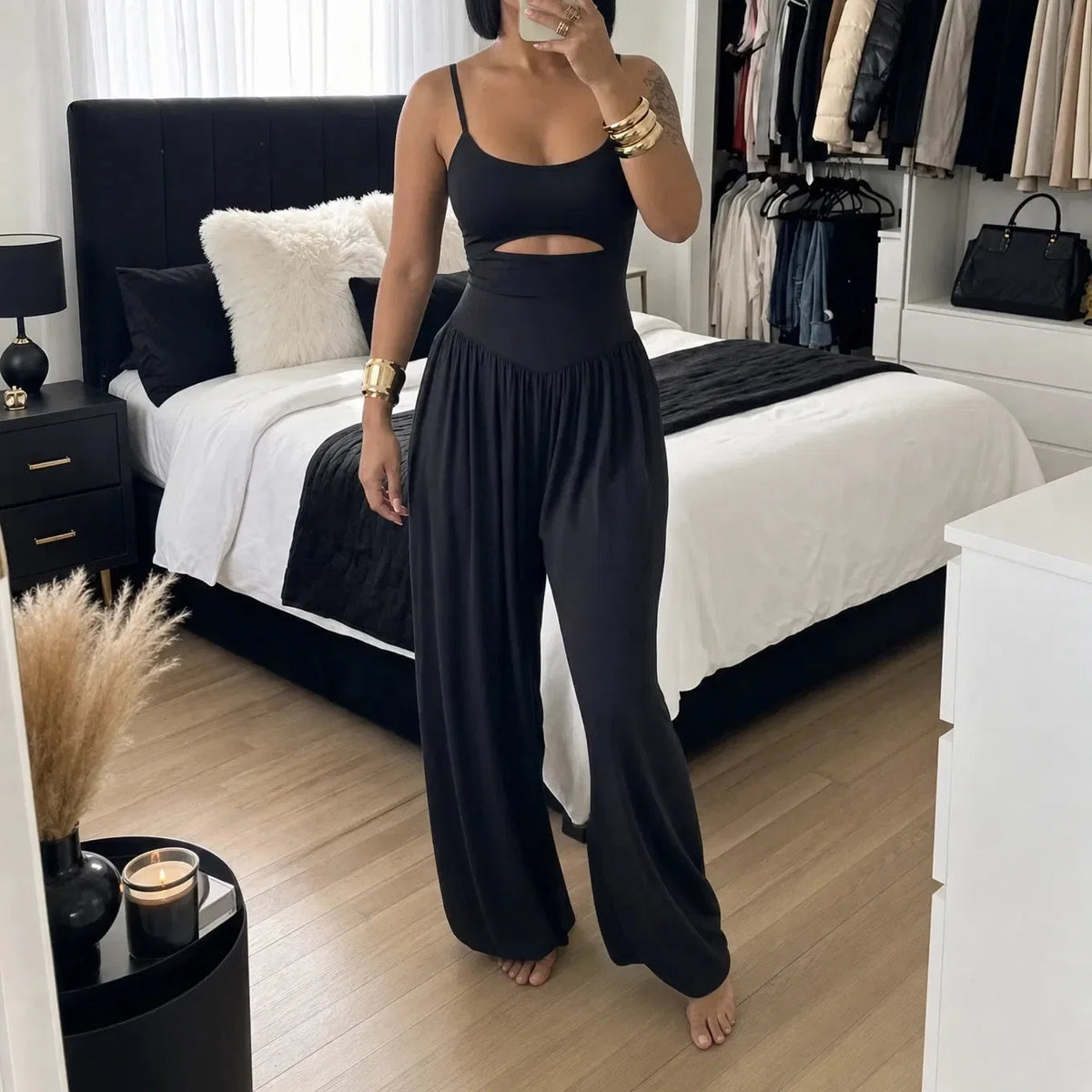 🌷 Sleeveless Cutout Wide Leg Jumpsuit with Adjustable Back Tie