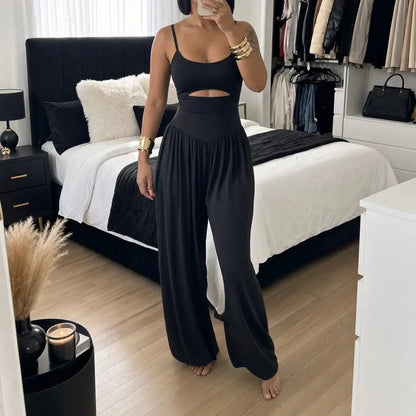 🌷 Sleeveless Cutout Wide Leg Jumpsuit with Adjustable Back Tie