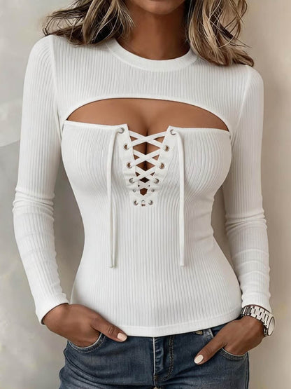 🤲LAST DAY SAVE 49% ⏰Women's Gradient Leopard Print Cut-out Crew Neck Lace-up Long-sleeve Slim-fit Casual Top