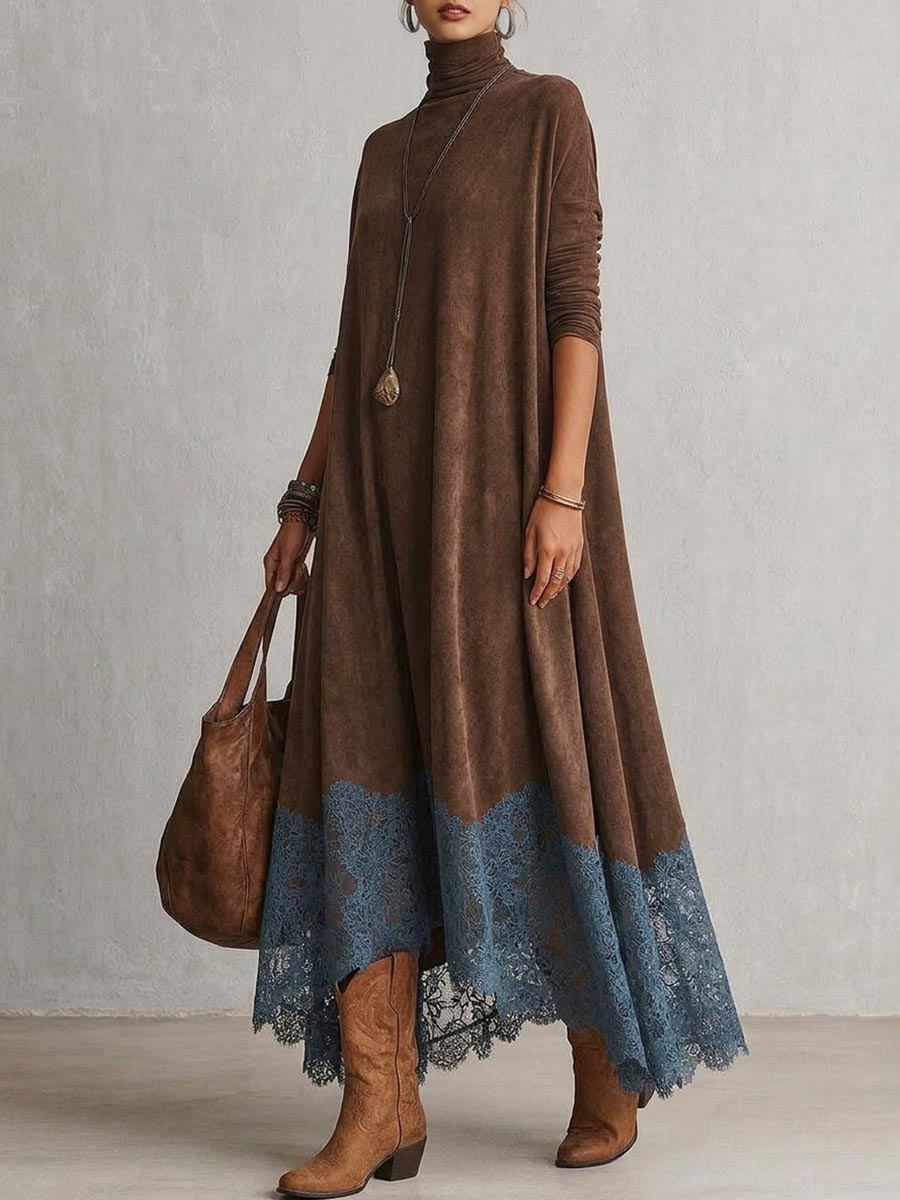 🤲LAST DAY SAVE 49% ⏰Women's Casual Loose-fit A-line Dress With Lace Paneling, High Neck, And Long Sleeves