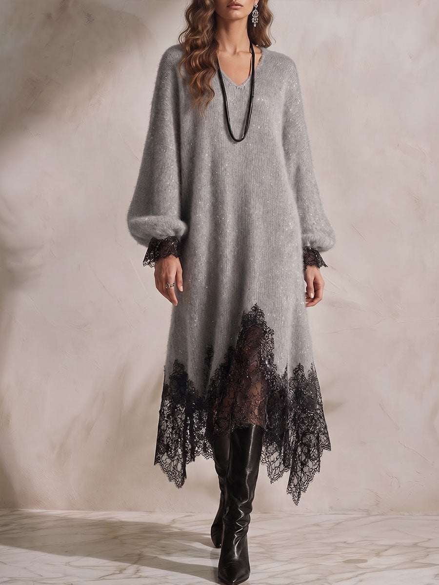 🤲LAST DAY SAVE 49% ⏰Women's V-neck Long-sleeve Casual Loose-fit Knit Dress With Lace Paneling And Subtle Shimmer