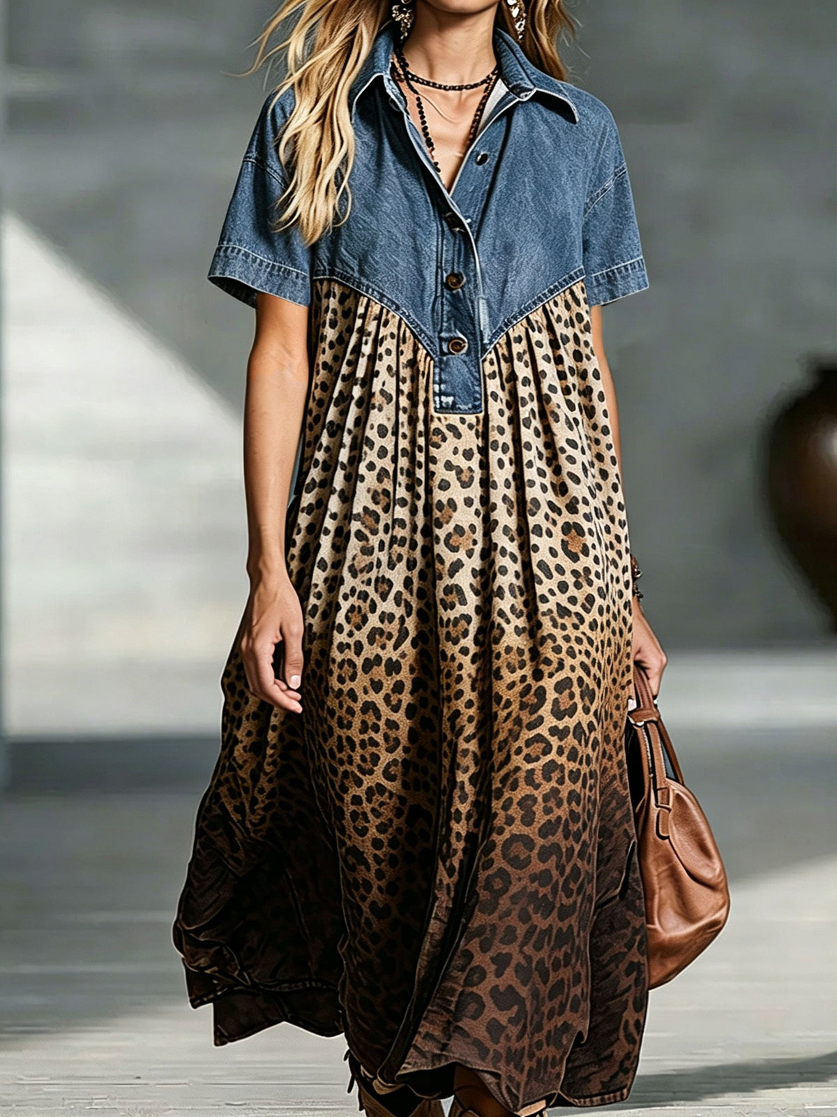 🤲LAST DAY SAVE 49% ⏰Women’s Denim Spliced Gradient Leopard Print Shirt Midi Dress