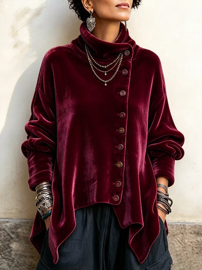 🤲LAST DAY SAVE 49% ⏰Chic Velvet Asymmetric Button Turtleneck Top