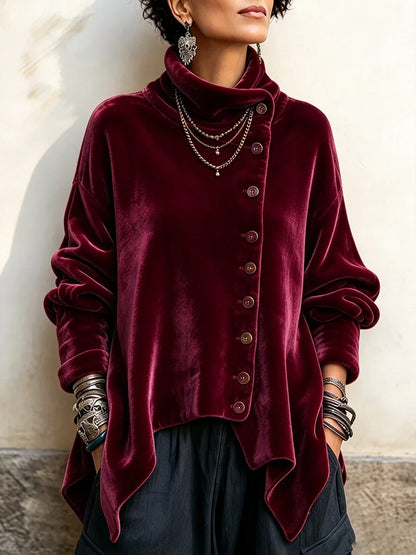🤲LAST DAY SAVE 49% 🐆Chic Velvet Asymmetric Button Turtleneck Top