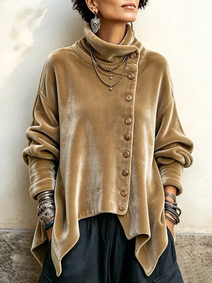 🤲LAST DAY SAVE 49% 🐆Chic Velvet Asymmetric Button Turtleneck Top